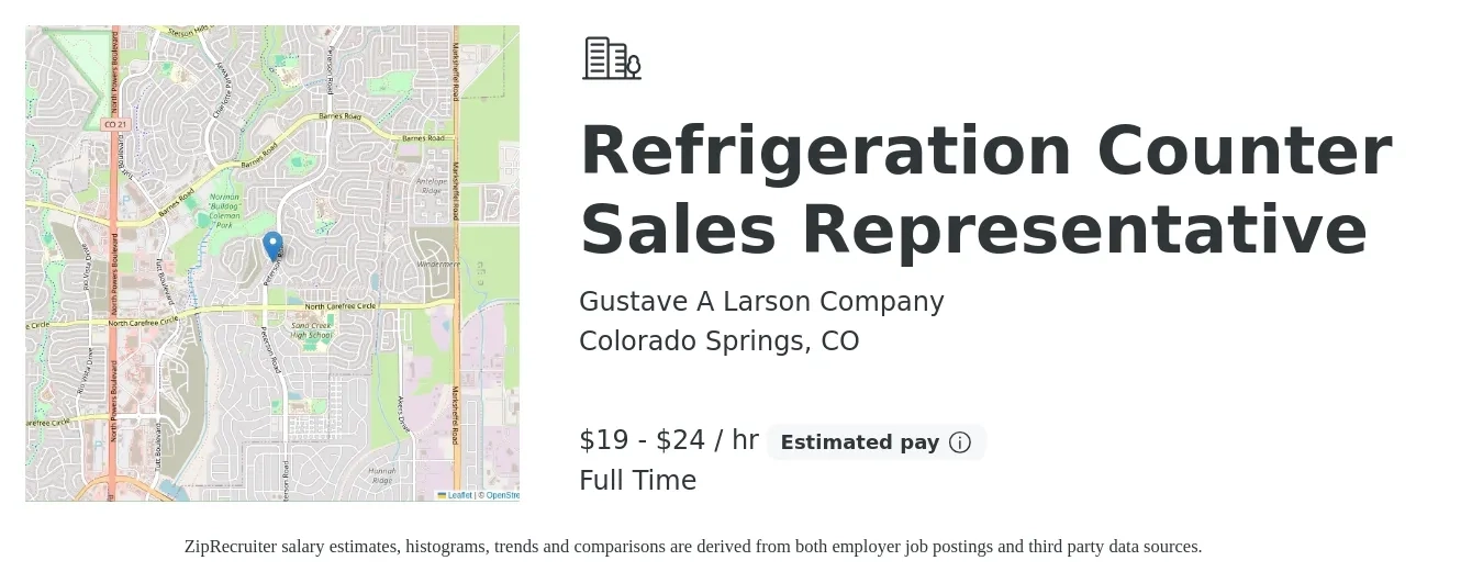 Gustave A Larson Company job posting for a Refrigeration Counter Sales Representative in Colorado Springs, CO with a salary of $20 to $26 Hourly with a map of Colorado Springs location.