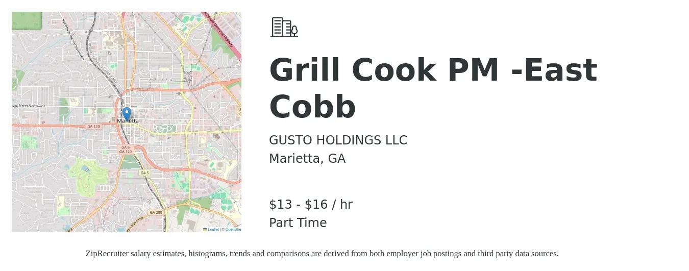 GUSTO HOLDINGS LLC job posting for a Grill Cook PM -East Cobb in Marietta, GA with a salary of $14 to $17 Hourly with a map of Marietta location.