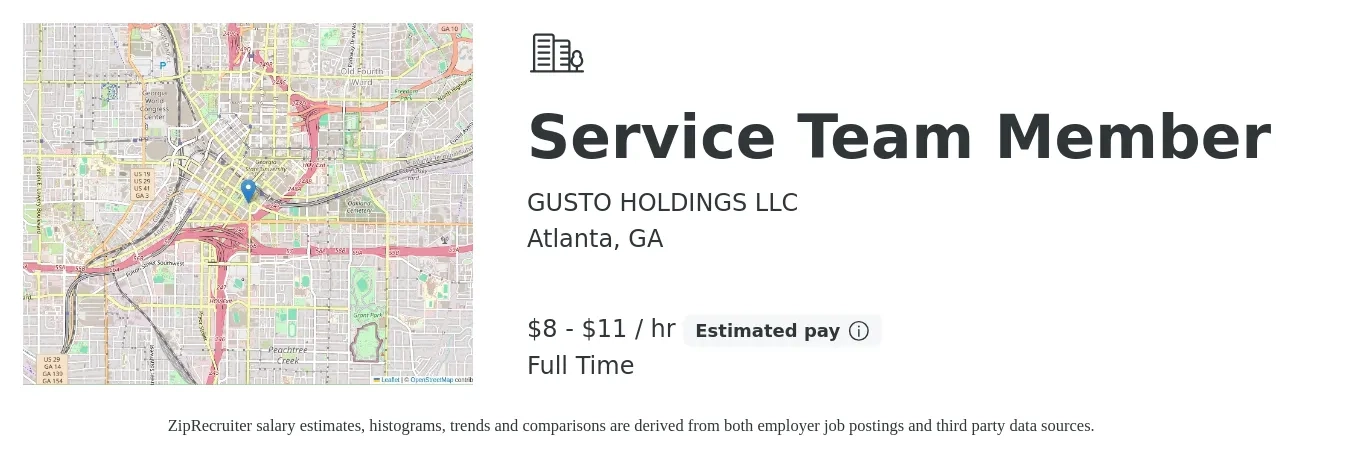 GUSTO HOLDINGS LLC job posting for a Service Team Member in Atlanta, GA with a salary of $11 to $13 Yearly with a map of Atlanta location.