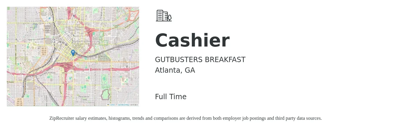 GUTBUSTERS BREAKFAST job posting for a Cashier in Atlanta, GA with a salary of $14 Hourly with a map of Atlanta location.