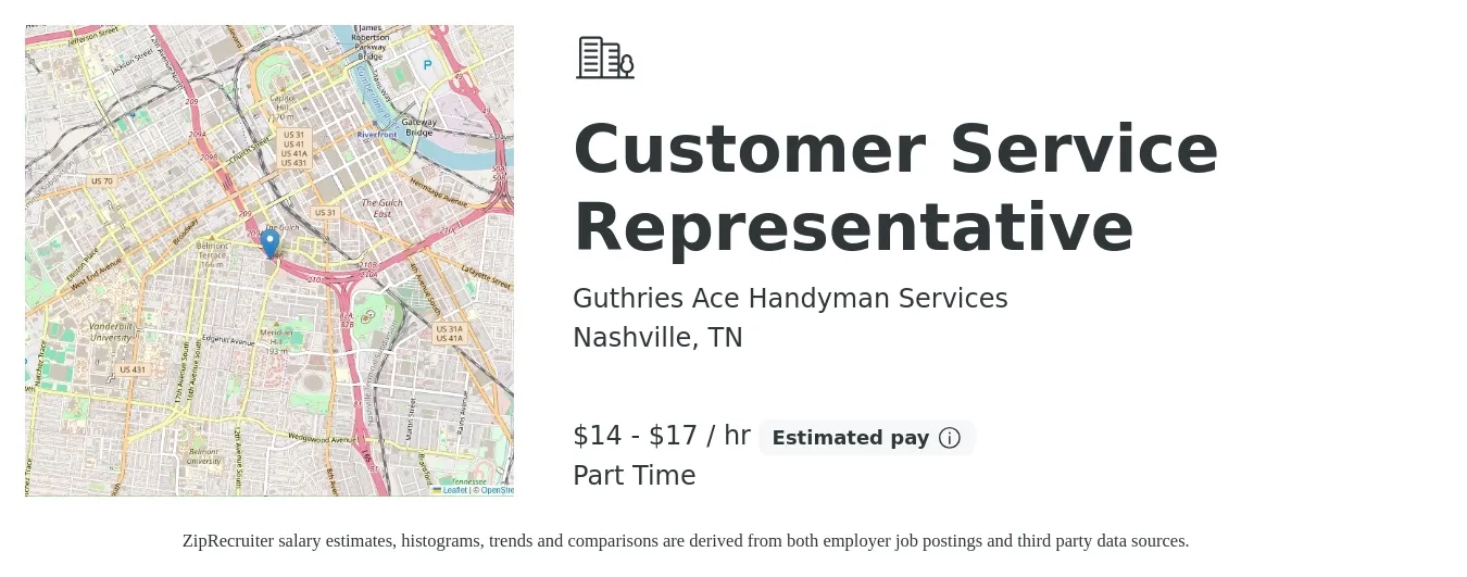 Guthries Ace Handyman Services job posting for a Customer Service Representative in Nashville, TN with a salary of $15 to $18 Hourly with a map of Nashville location.