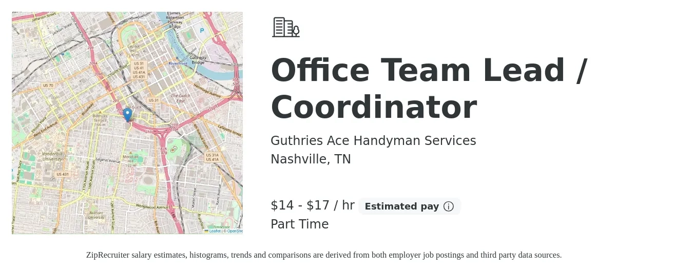 Guthries Ace Handyman Services job posting for a Office Team Lead / Coordinator in Nashville, TN with a salary of $15 to $18 Hourly with a map of Nashville location.