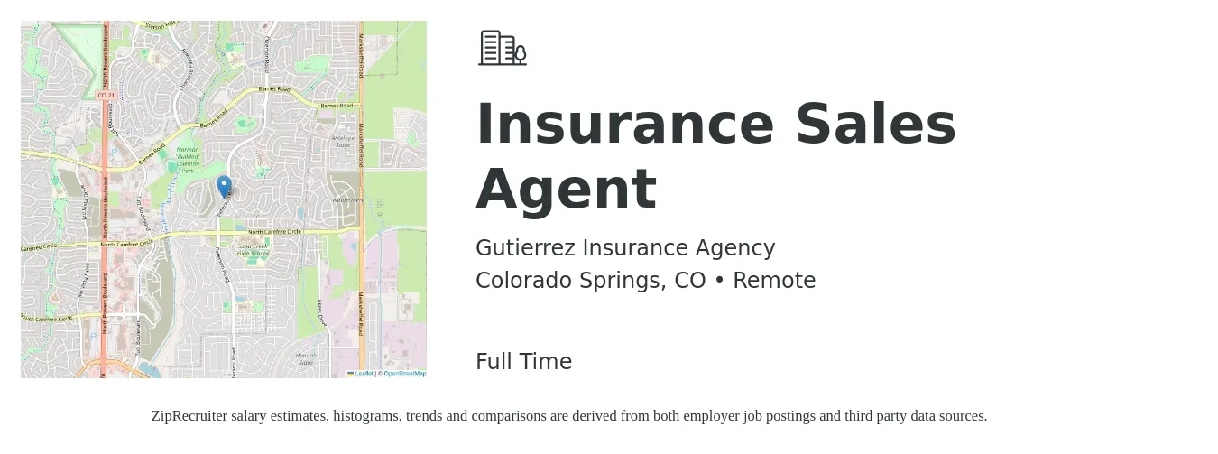 Gutierrez Insurance Agency job posting for a Insurance Sales Agent in Colorado Springs, CO with a salary of $46,800 to $88,200 Yearly with a map of Colorado Springs location.