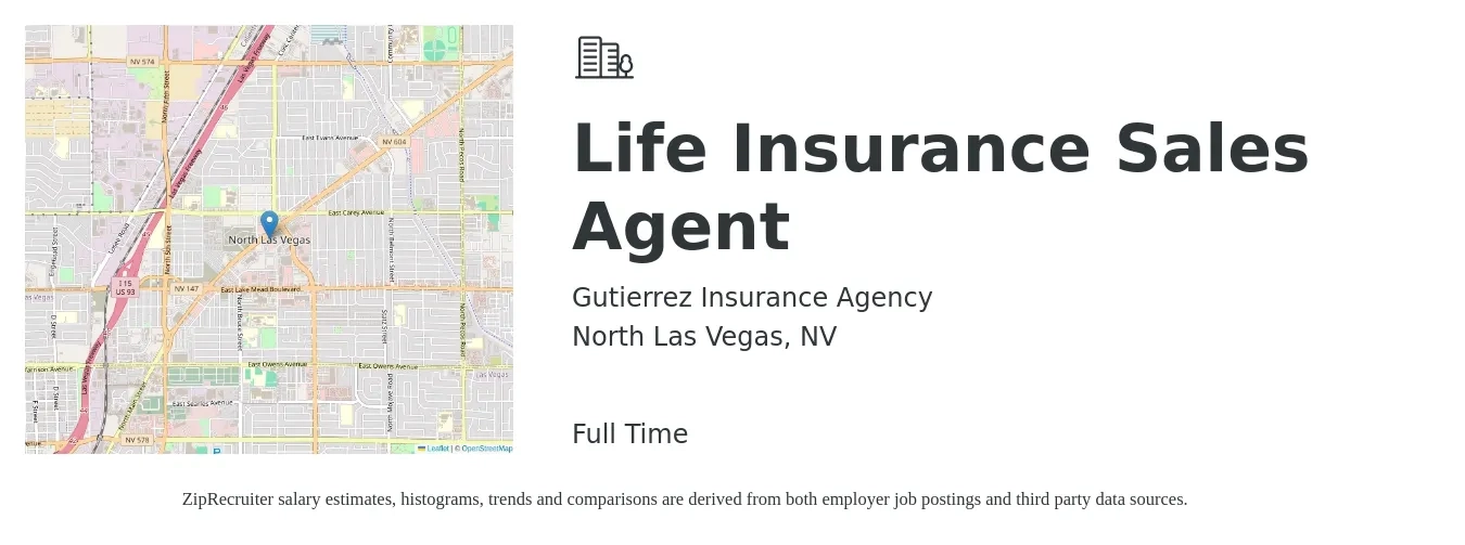 Gutierrez Insurance Agency job posting for a Life Insurance Sales Agent in North Las Vegas, NV with a salary of $97,900 to $127,000 Yearly with a map of North Las Vegas location.