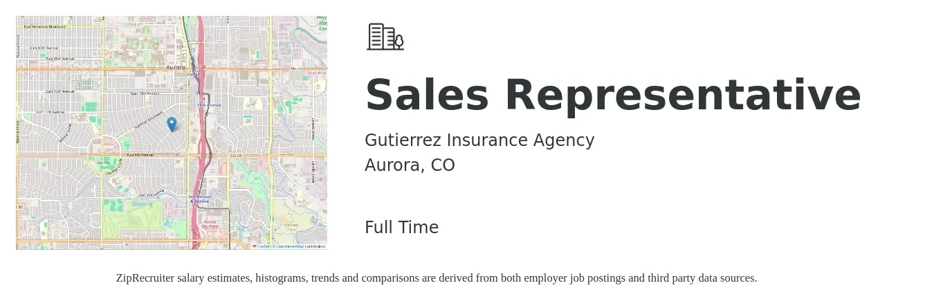 Gutierrez Insurance Agency job posting for a Sales Representative in Aurora, CO with a salary of $54,400 to $94,500 Yearly with a map of Aurora location.