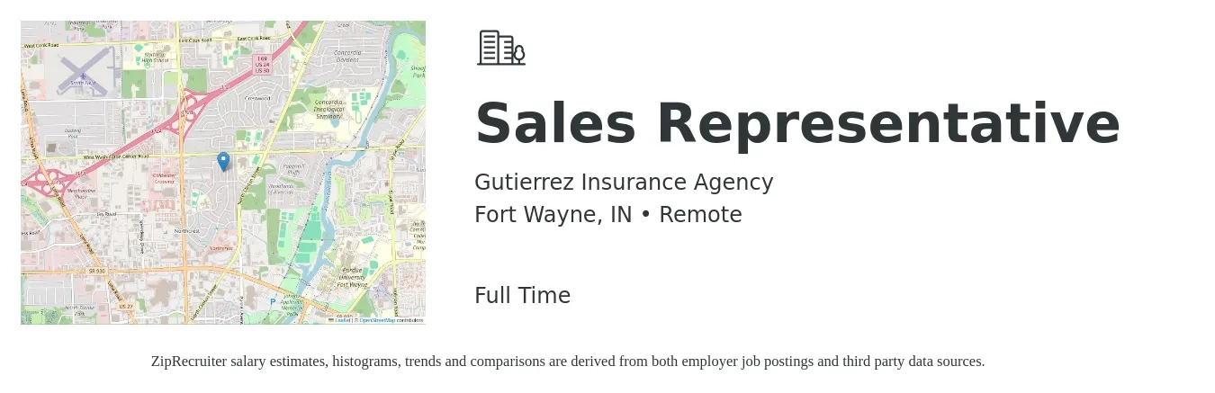 Gutierrez Insurance Agency job posting for a Sales Representative in Fort Wayne, IN with a salary of $52,800 to $91,800 Yearly with a map of Fort Wayne location.