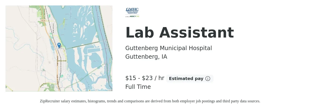 Guttenberg Municipal Hospital job posting for a Lab Assistant in Guttenberg, IA with a salary of $16 to $24 Hourly with a map of Guttenberg location.
