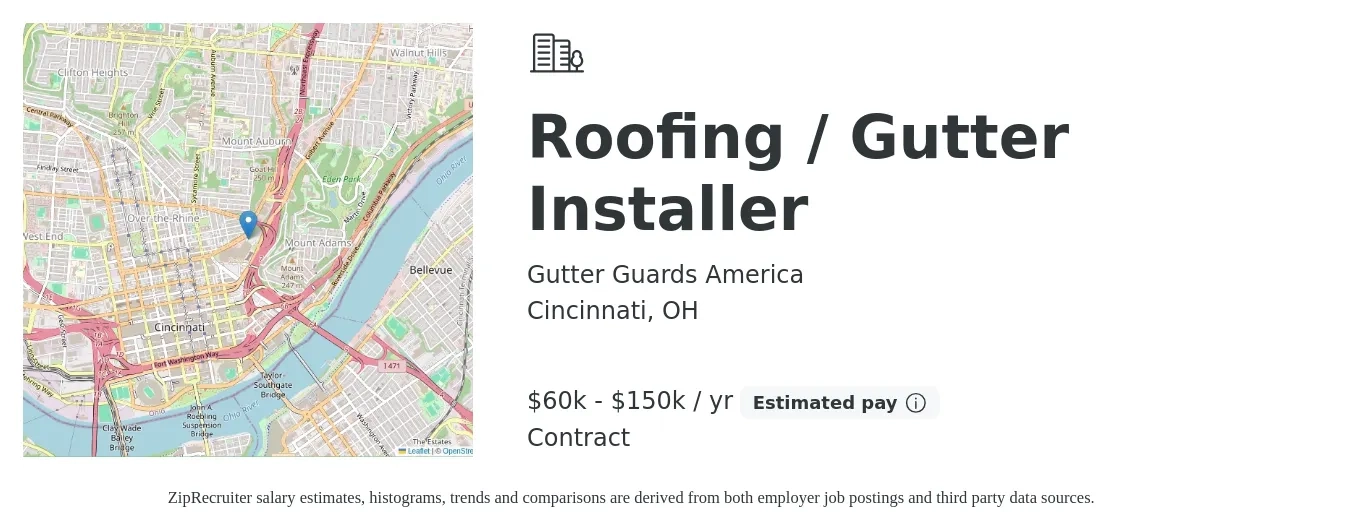 Gutter Guards America job posting for a Roofing / Gutter Installer in Cincinnati, OH with a salary of $60,000 to $150,000 Yearly with a map of Cincinnati location.