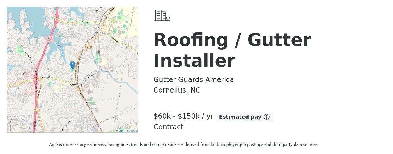 Gutter Guards America job posting for a Roofing / Gutter Installer in Cornelius, NC with a salary of $60,000 to $150,000 Yearly with a map of Cornelius location.