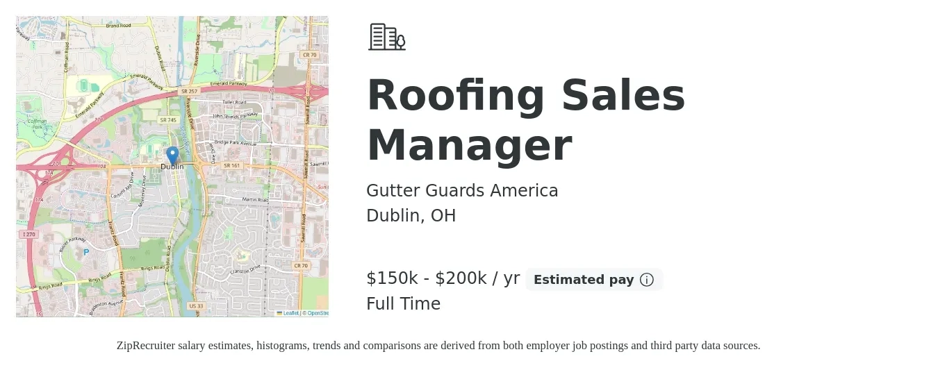 Gutter Guards America job posting for a Roofing Sales Manager in Dublin, OH with a salary of $150,000 to $200,000 Yearly with a map of Dublin location.