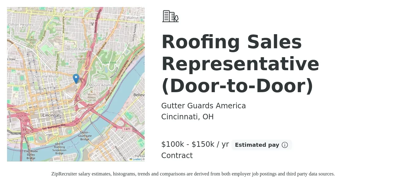 Gutter Guards America job posting for a Roofing Sales Representative (Door-to-Door) in Cincinnati, OH with a salary of $100,000 to $150,000 Yearly with a map of Cincinnati location.