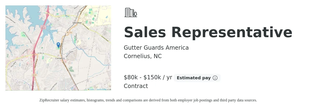 Gutter Guards America job posting for a Sales Representative in Cornelius, NC with a salary of $80,000 to $150,000 Yearly with a map of Cornelius location.