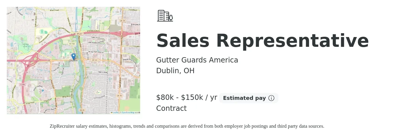 Gutter Guards America job posting for a Sales Representative in Dublin, OH with a salary of $80,000 to $150,000 Yearly with a map of Dublin location.
