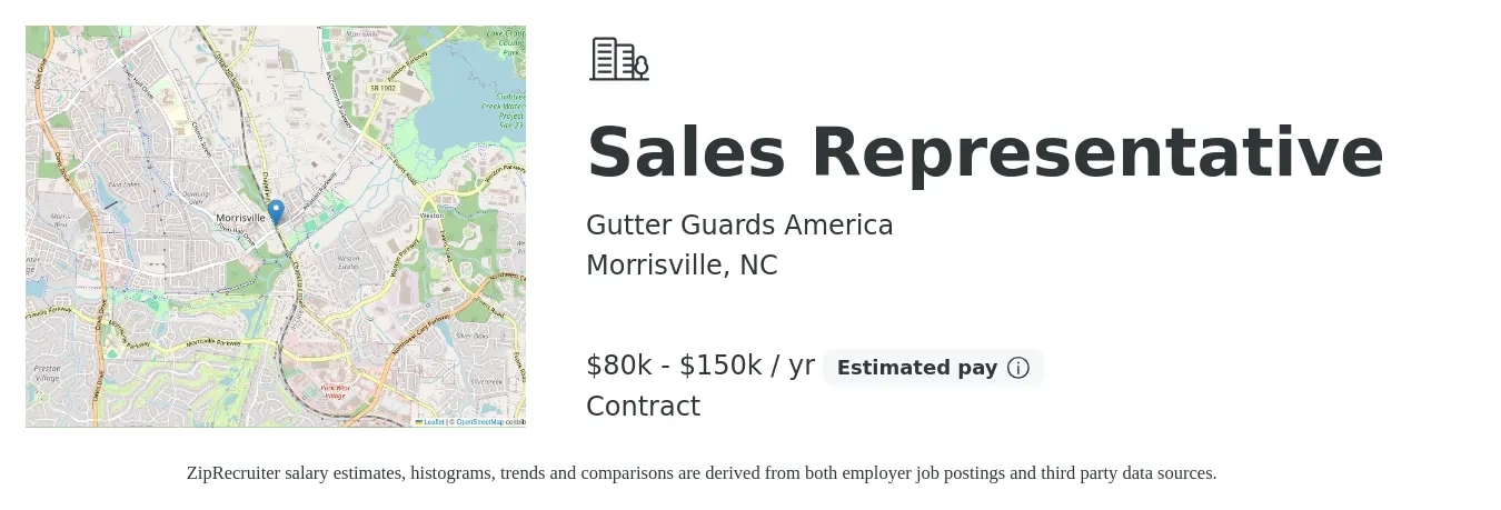 Gutter Guards America job posting for a Sales Representative in Morrisville, NC with a salary of $80,000 to $150,000 Yearly with a map of Morrisville location.