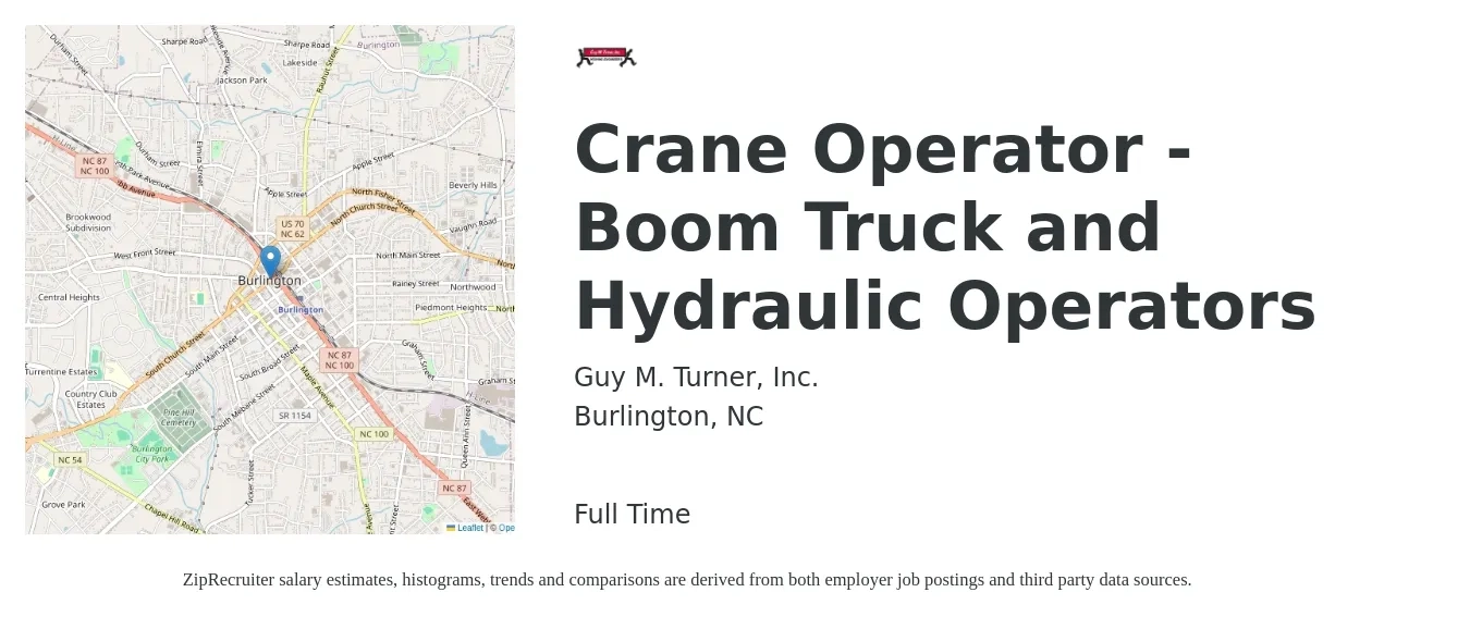 Guy M. Turner, Inc. job posting for a Crane Operator - Boom Truck and Hydraulic Operators in Burlington, NC with a salary of $18 to $26 Hourly with a map of Burlington location.