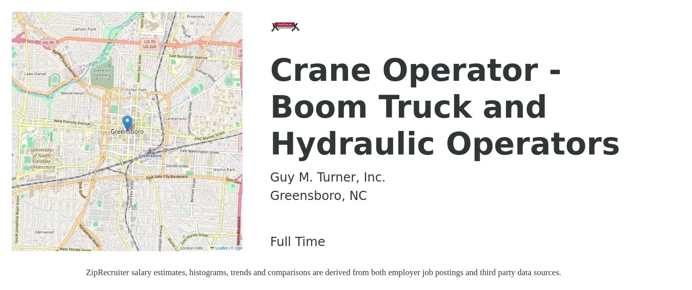 Guy M. Turner, Inc. job posting for a Crane Operator - Boom Truck and Hydraulic Operators in Greensboro, NC with a salary of $21 to $30 Hourly with a map of Greensboro location.