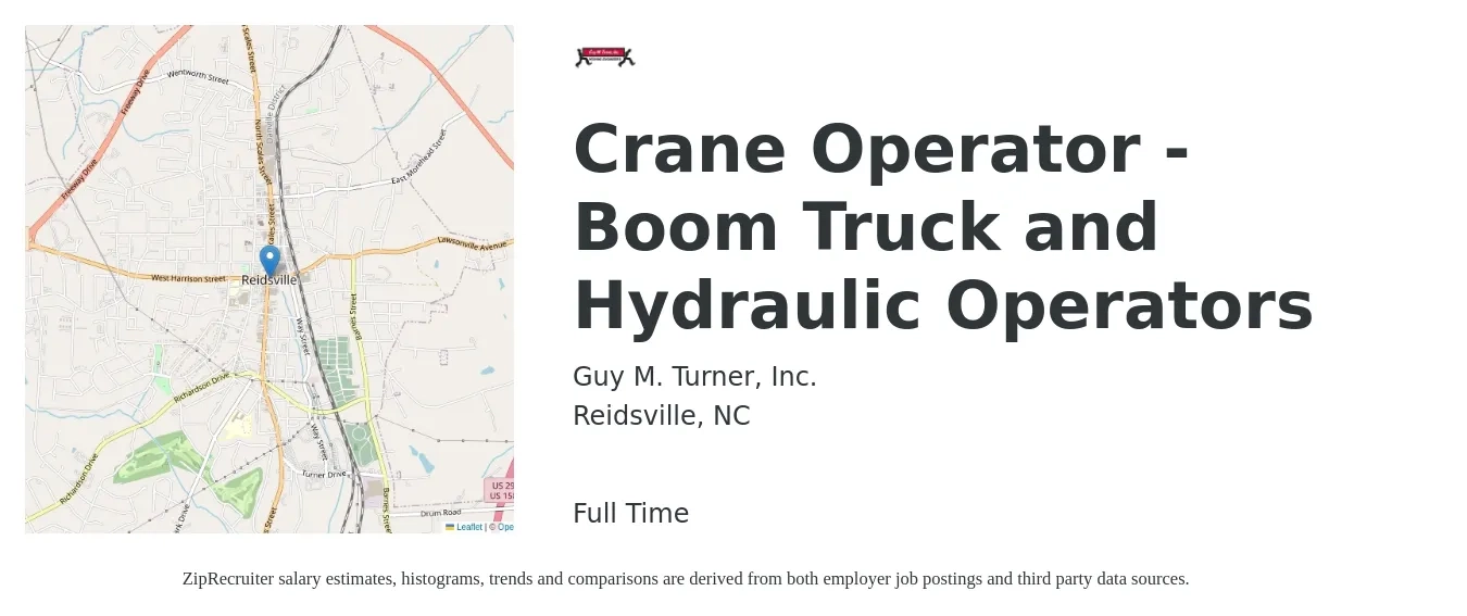 Guy M. Turner, Inc. job posting for a Crane Operator - Boom Truck and Hydraulic Operators in Reidsville, NC with a salary of $20 to $28 Hourly with a map of Reidsville location.