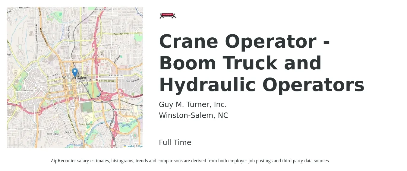 Guy M. Turner, Inc. job posting for a Crane Operator - Boom Truck and Hydraulic Operators in Winston-Salem, NC with a salary of $20 to $29 Hourly with a map of Winston-Salem location.
