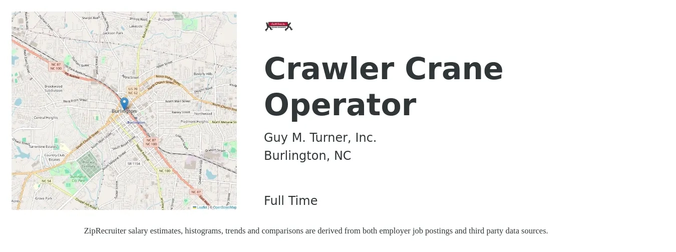Guy M. Turner, Inc. job posting for a Crawler Crane Operator in Burlington, NC with a salary of $19 to $29 Hourly with a map of Burlington location.