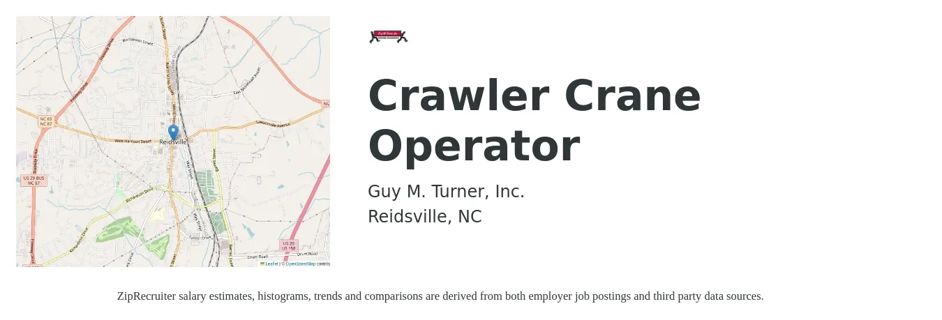 Guy M. Turner, Inc. job posting for a Crawler Crane Operator in Reidsville, NC with a salary of $20 to $31 Hourly with a map of Reidsville location.