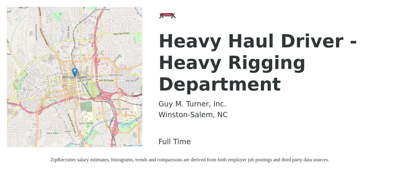 Guy M. Turner, Inc. job posting for a Heavy Haul Driver - Heavy Rigging Department in Winston-Salem, NC with a salary of $23 to $40 Hourly with a map of Winston-Salem location.