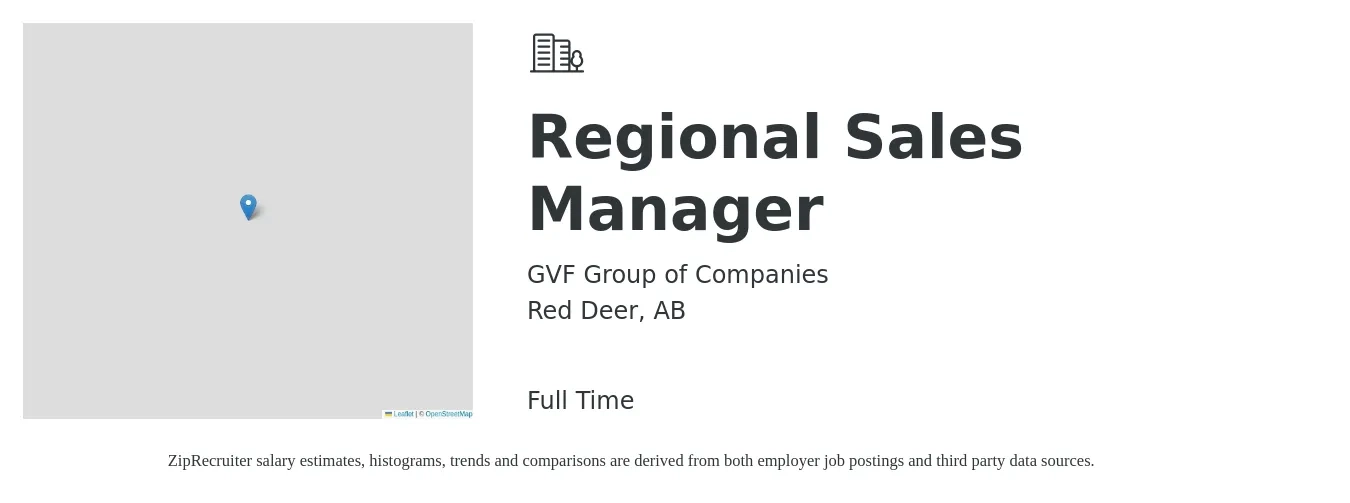 GVF Group of Companies job posting for a Regional Sales Manager in Red Deer, AB with a map of Red Deer location.