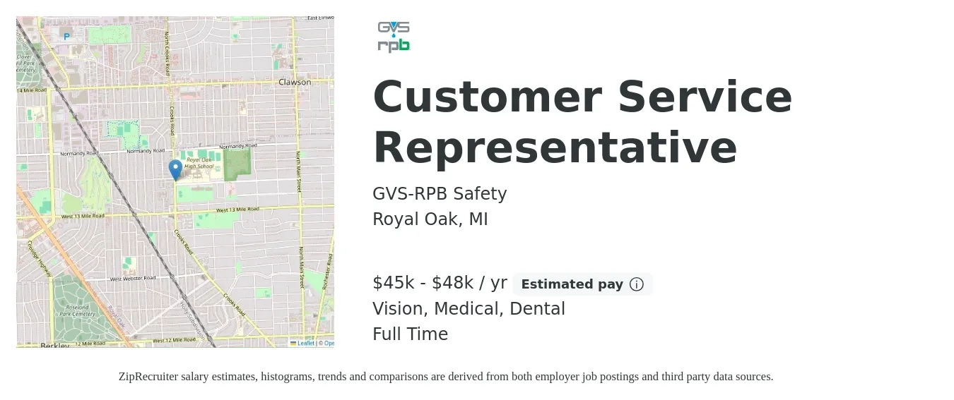 GVS-RPB Safety job posting for a Customer Service Representative in Royal Oak, MI with a salary of $45,000 to $48,000 Yearly and benefits including dental, life_insurance, medical, pto, retirement, and vision with a map of Royal Oak location.