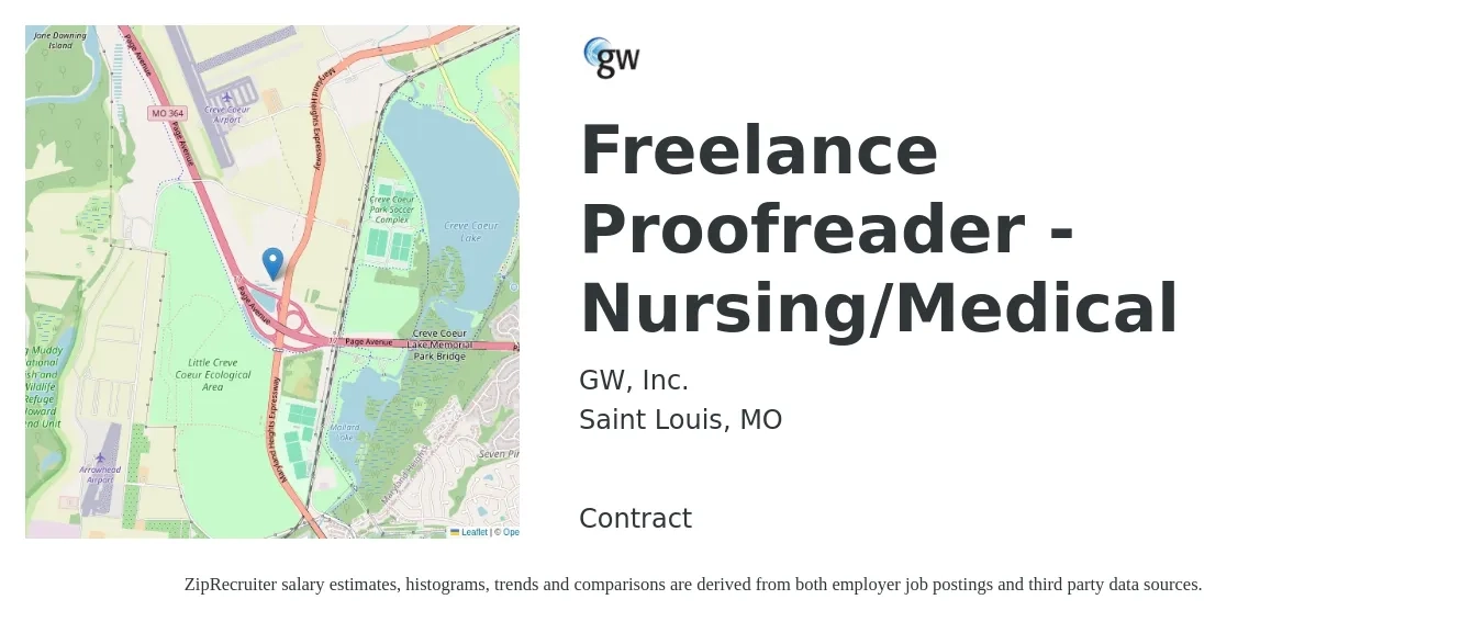 GW, Inc. job posting for a Freelance Proofreader - Nursing/Medical in Saint Louis, MO with a salary of $20 to $33 Hourly with a map of Saint Louis location.