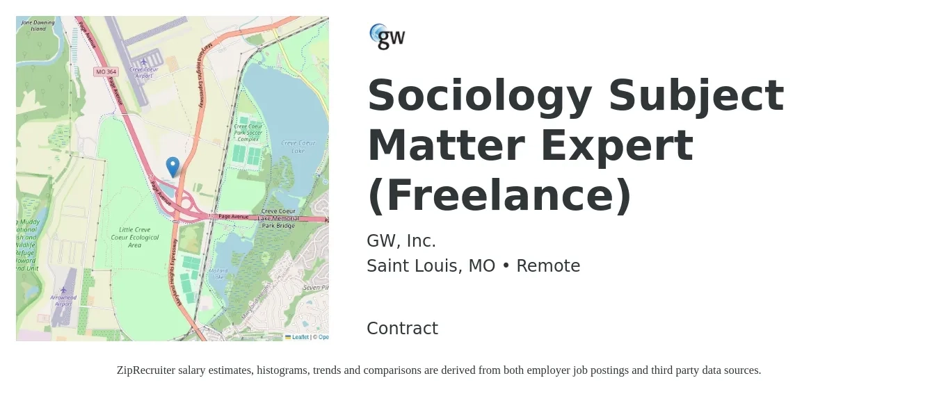 GW, Inc. job posting for a Sociology Subject Matter Expert (Freelance) in Saint Louis, MO with a salary of $24 to $62 Hourly with a map of Saint Louis location.