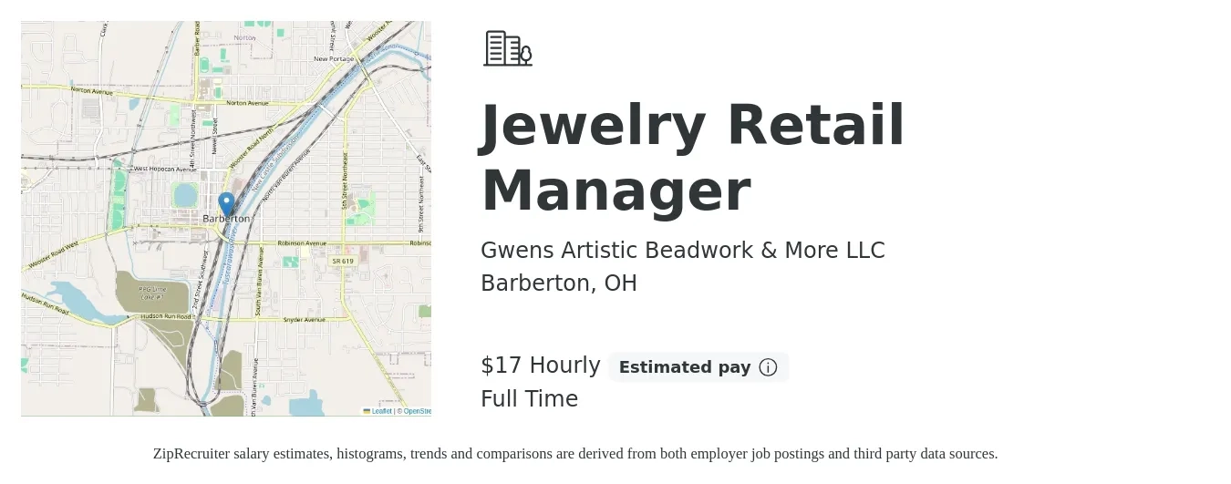 Gwens Artistic Beadwork & More LLC job posting for a Jewelry Retail Manager in Barberton, OH with a salary of $18 Hourly with a map of Barberton location.