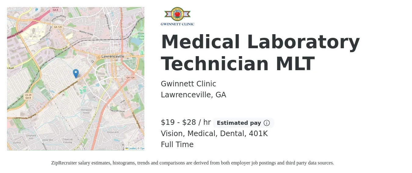 Gwinnett Clinic job posting for a Medical Laboratory Technician MLT in Lawrenceville, GA with a salary of $20 to $30 Hourly (plus commission) and benefits including 401k, dental, life_insurance, medical, and vision with a map of Lawrenceville location.