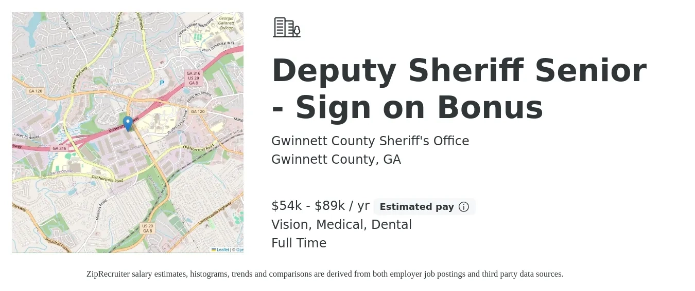 Gwinnett County Sheriff's Office job posting for a Deputy Sheriff Senior - Sign on Bonus in Gwinnett County, GA with a salary of $54,894 to $89,578 Yearly and benefits including retirement, vision, dental, and medical with a map of Gwinnett County location.