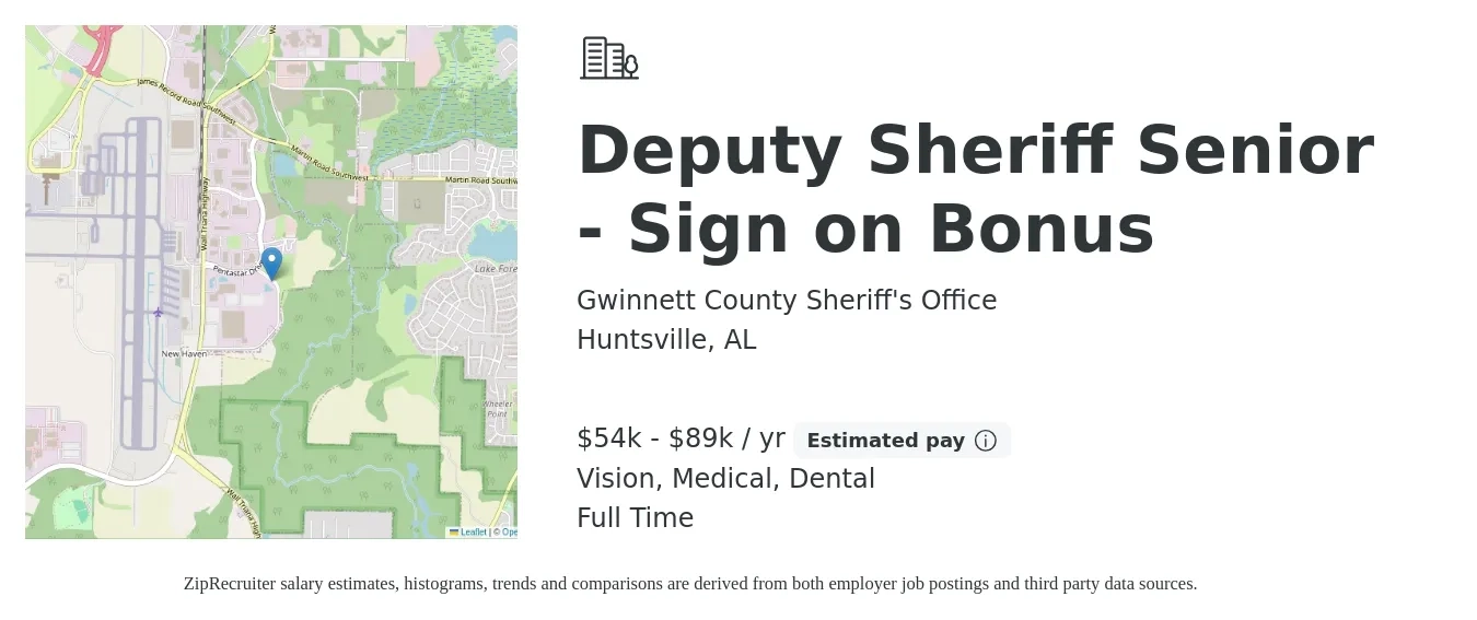 Gwinnett County Sheriff's Office job posting for a Deputy Sheriff Senior - Sign on Bonus in Huntsville, AL with a salary of $54,894 to $89,578 Yearly and benefits including retirement, vision, dental, and medical with a map of Huntsville location.