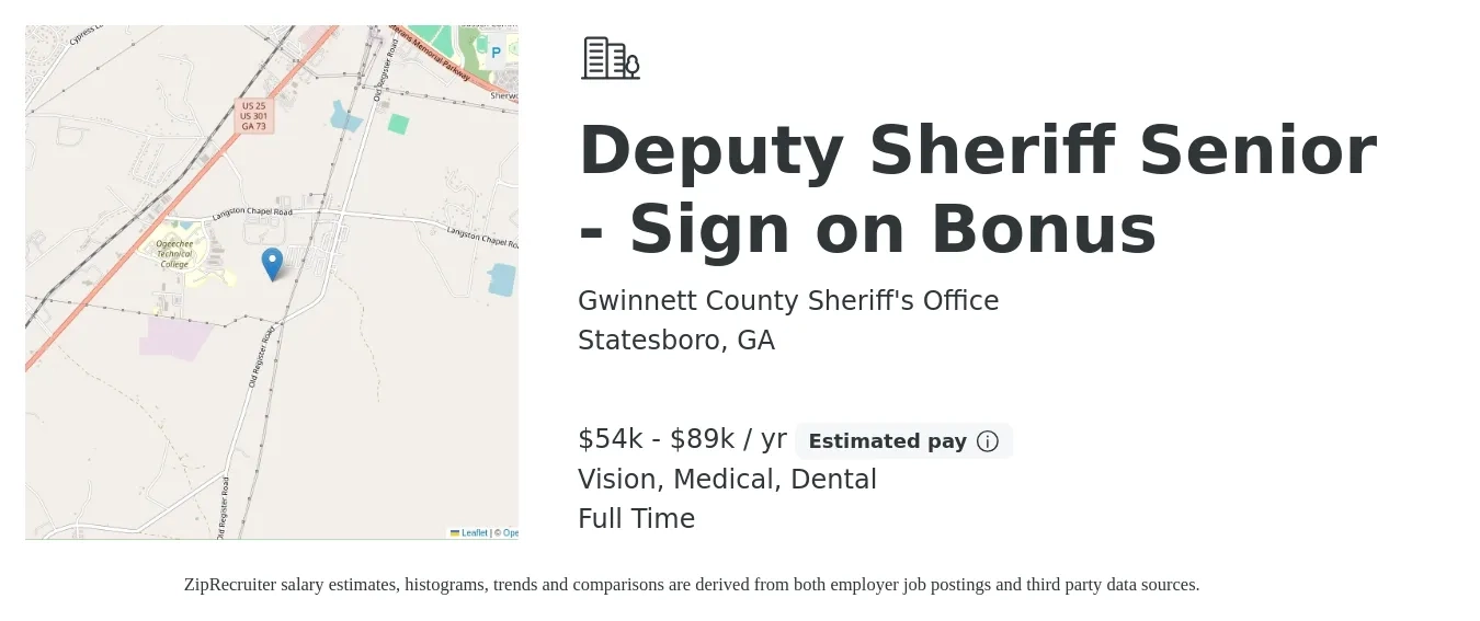 Gwinnett County Sheriff's Office job posting for a Deputy Sheriff Senior - Sign on Bonus in Statesboro, GA with a salary of $54,894 to $89,578 Yearly and benefits including retirement, vision, dental, and medical with a map of Statesboro location.