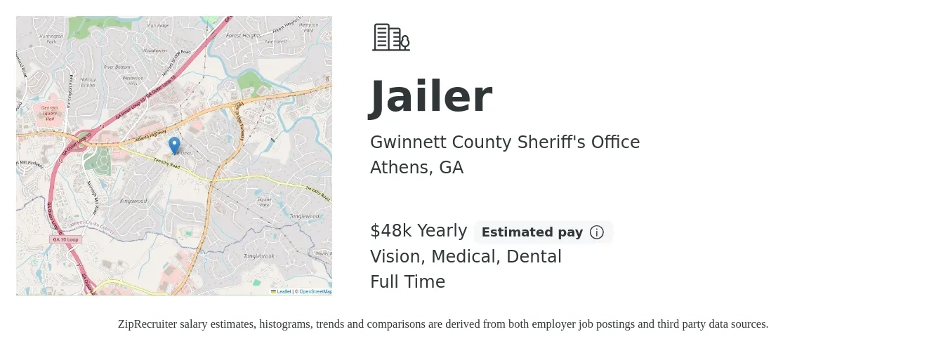 Gwinnett County Sheriff's Office job posting for a Jailer in Athens, GA with a salary of $48,172 Yearly and benefits including dental, life_insurance, medical, pto, retirement, and vision with a map of Athens location.