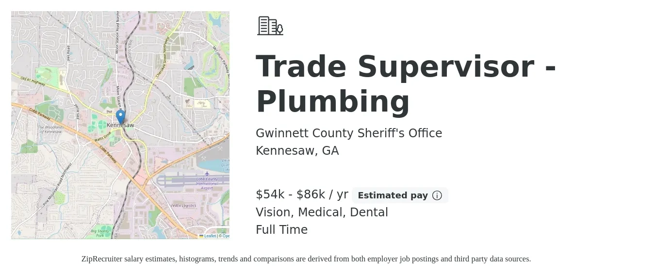 Gwinnett County Sheriff's Office job posting for a Trade Supervisor - Plumbing in Kennesaw, GA with a salary of $54,288 to $86,861 Yearly and benefits including life_insurance, medical, pto, retirement, vision, and dental with a map of Kennesaw location.