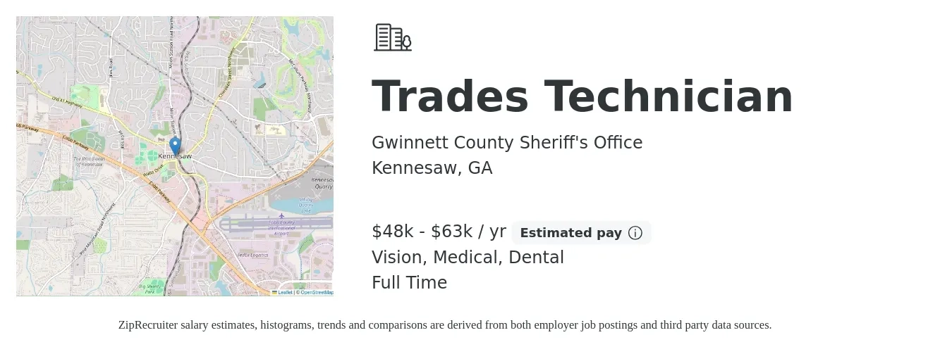 Gwinnett County Sheriff's Office job posting for a Trades Technician in Kennesaw, GA with a salary of $48,658 to $63,256 Yearly and benefits including retirement, vision, dental, life_insurance, medical, and pto with a map of Kennesaw location.