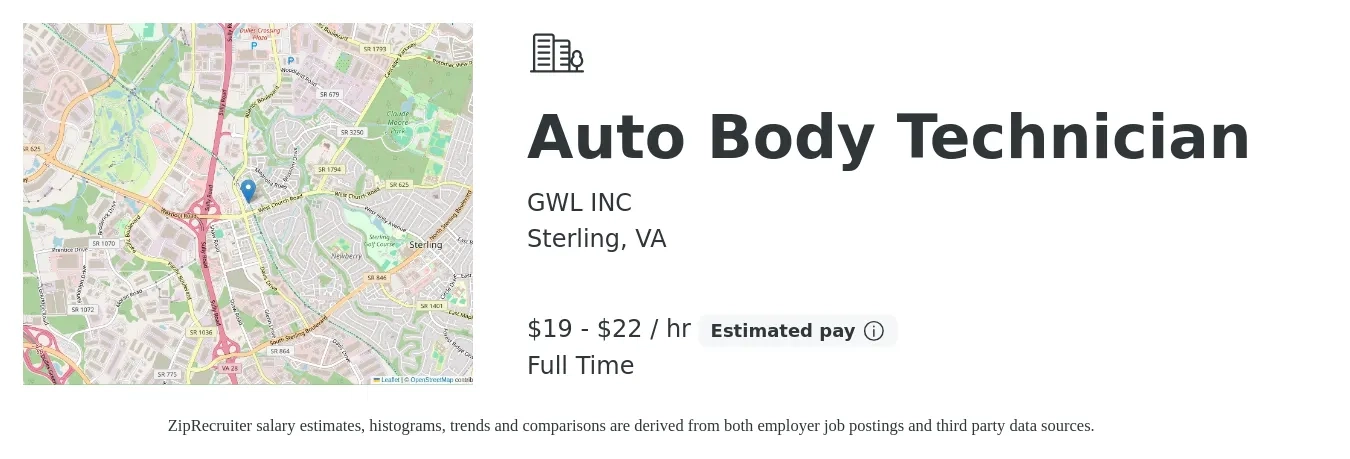 GWL INC job posting for a Auto Body Technician in Sterling, VA with a salary of $20 to $23 Hourly with a map of Sterling location.