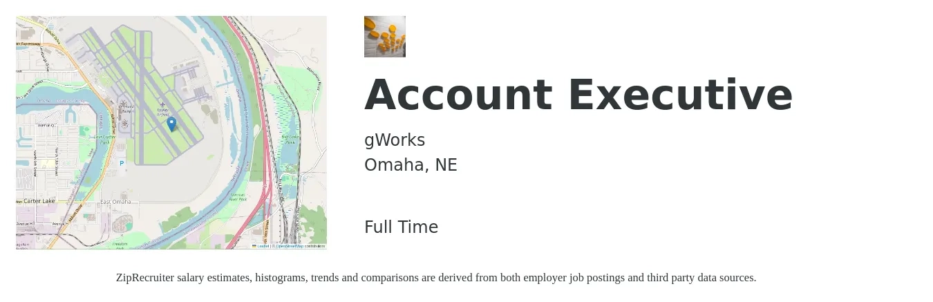 gWorks job posting for a Account Executive in Omaha, NE with a salary of $70,000 Yearly with a map of Omaha location.