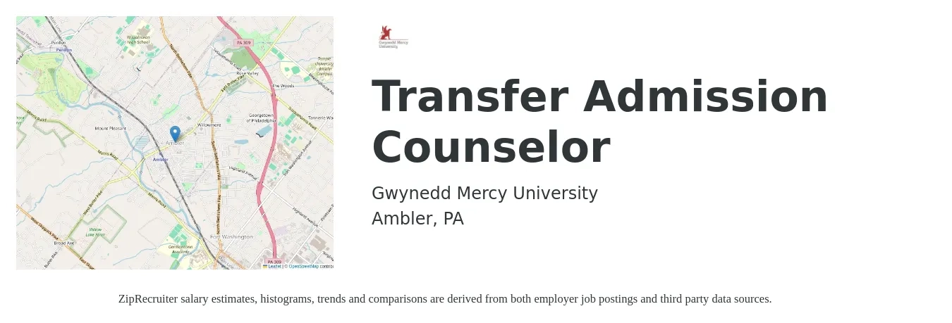 Gwynedd Mercy University job posting for a Transfer Admission Counselor in Ambler, PA with a salary of $37,000 to $50,000 Yearly with a map of Ambler location.