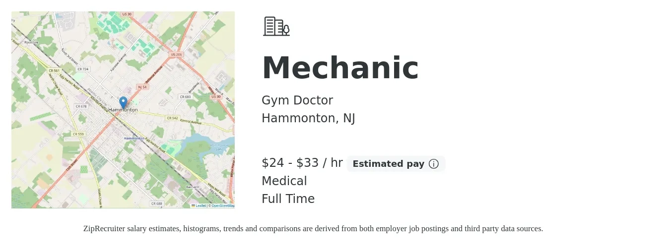 Gym Doctor job posting for a Mechanic in Hammonton, NJ with a salary of $25 to $35 Hourly and benefits including medical with a map of Hammonton location.