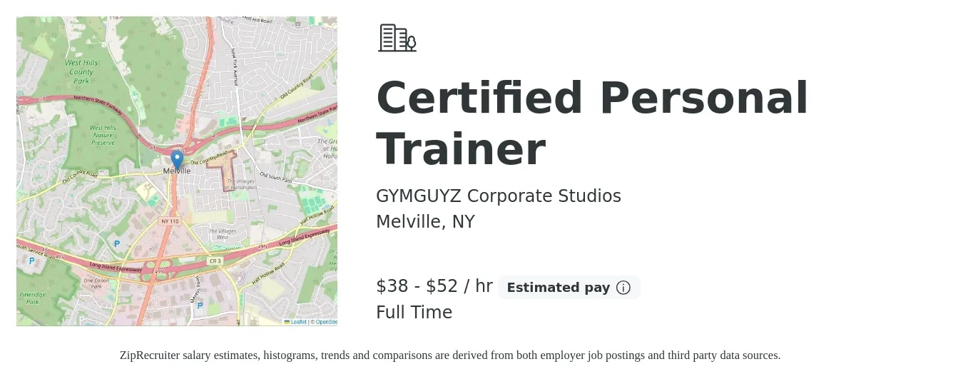 GYMGUYZ Corporate Studios job posting for a Certified Personal Trainer in Melville, NY with a salary of $40 to $55 Hourly with a map of Melville location.