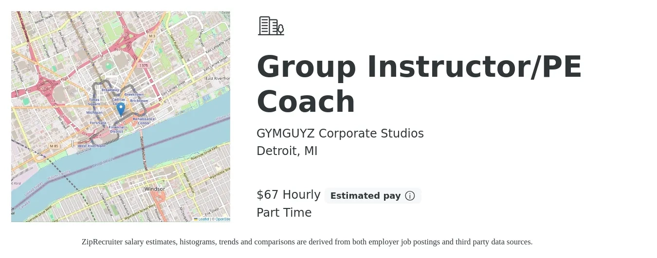 GYMGUYZ Corporate Studios job posting for a Group Instructor/PE Coach in Detroit, MI with a salary of $70 Hourly with a map of Detroit location.