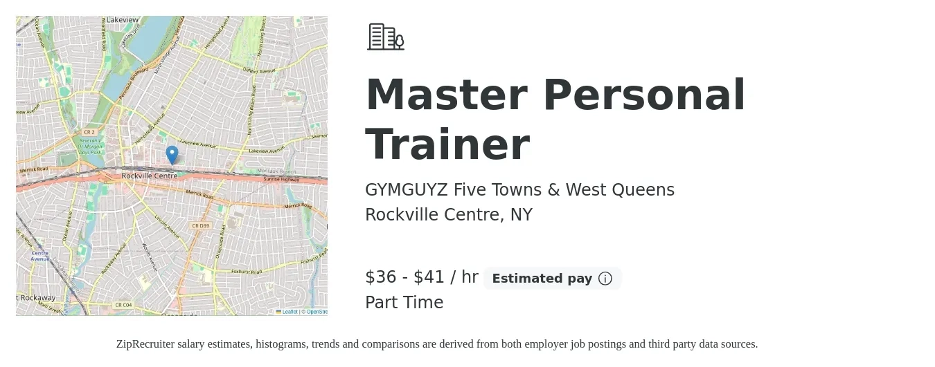 GYMGUYZ Five Towns & West Queens job posting for a Master Personal Trainer in Rockville Centre, NY with a salary of $40 to $45 Hourly with a map of Rockville Centre location.