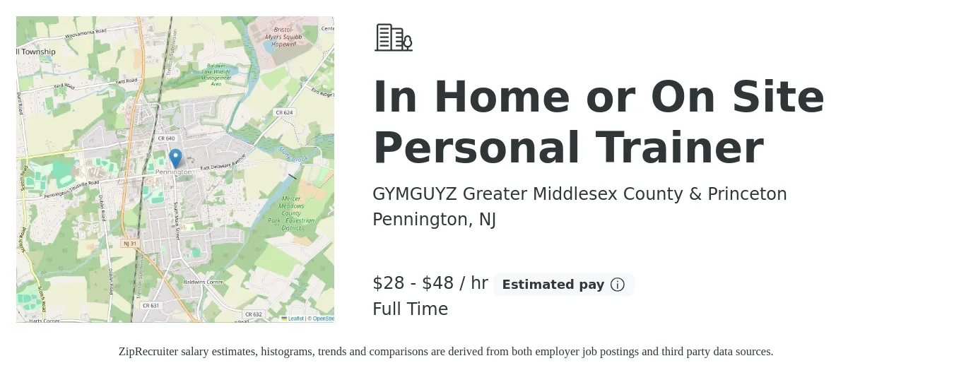 GYMGUYZ Greater Middlesex County & Princeton job posting for a In Home or On Site Personal Trainer in Pennington, NJ with a salary of $30 to $50 Hourly with a map of Pennington location.