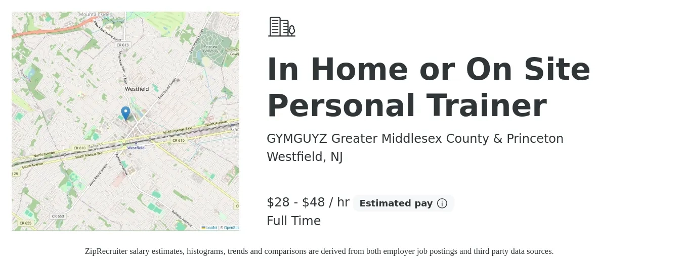 GYMGUYZ Greater Middlesex County & Princeton job posting for a In Home or On Site Personal Trainer in Westfield, NJ with a salary of $30 to $50 Hourly with a map of Westfield location.