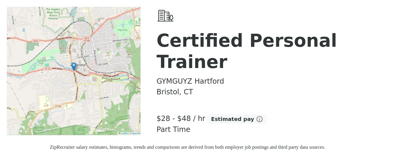 GYMGUYZ Hartford job posting for a Certified Personal Trainer in Bristol, CT with a salary of $30 to $50 Hourly with a map of Bristol location.