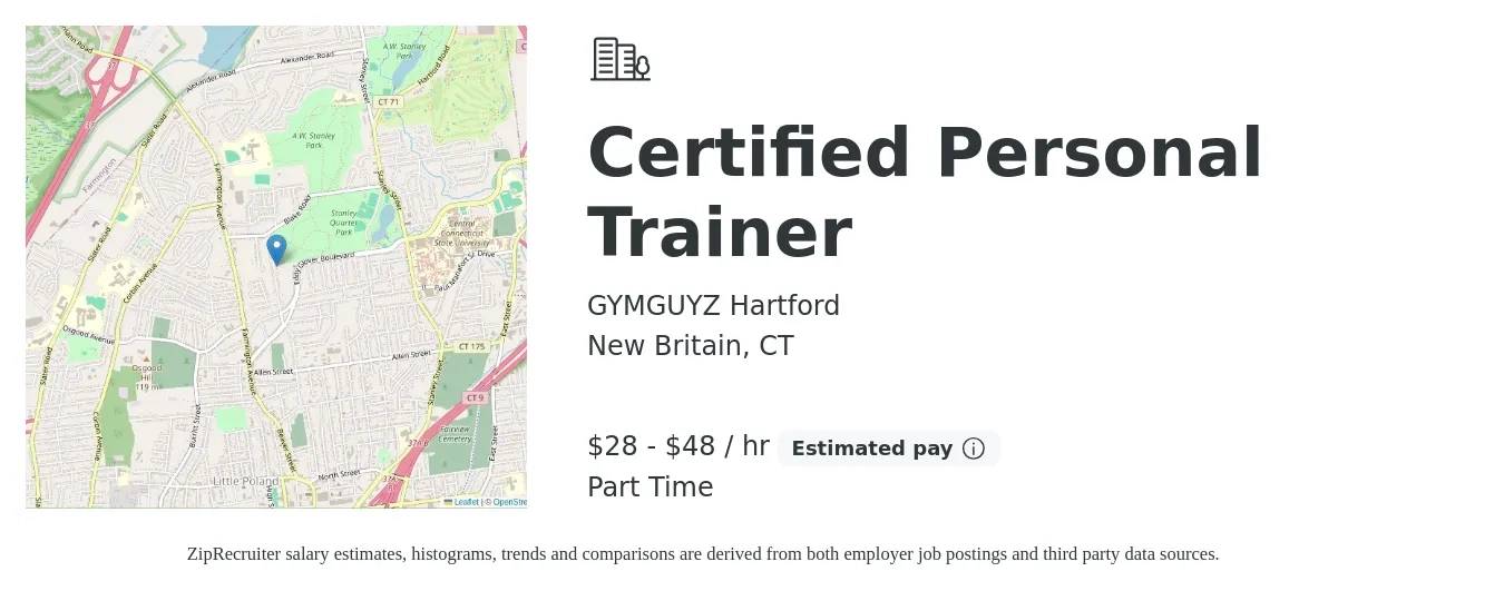 GYMGUYZ Hartford job posting for a Certified Personal Trainer in New Britain, CT with a salary of $30 to $50 Hourly with a map of New Britain location.