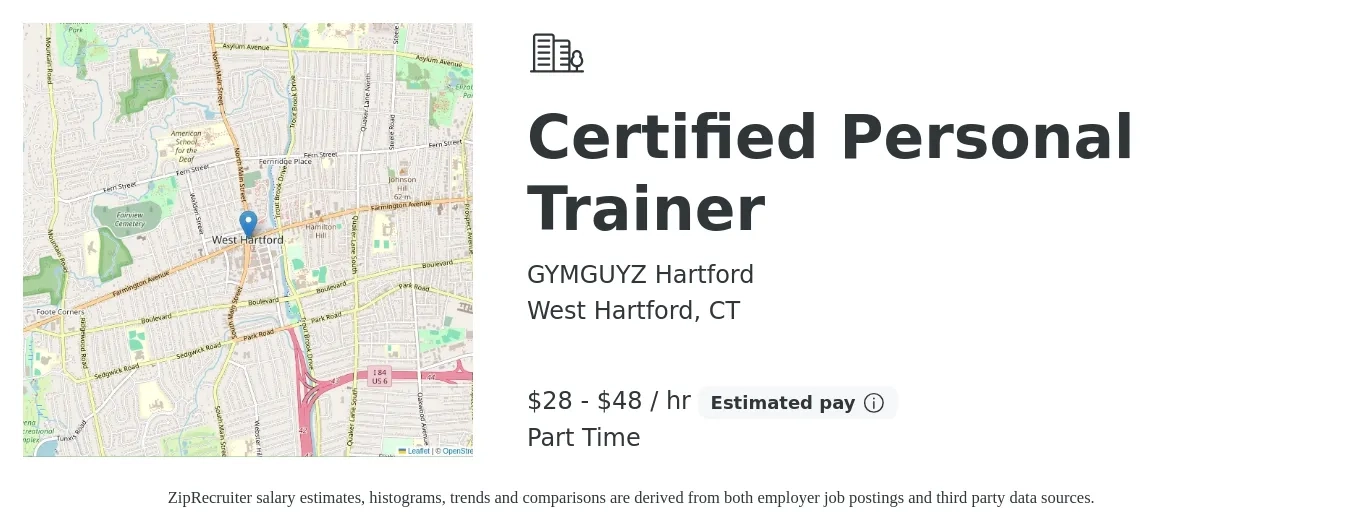 GYMGUYZ Hartford job posting for a Certified Personal Trainer in West Hartford, CT with a salary of $30 to $50 Hourly with a map of West Hartford location.