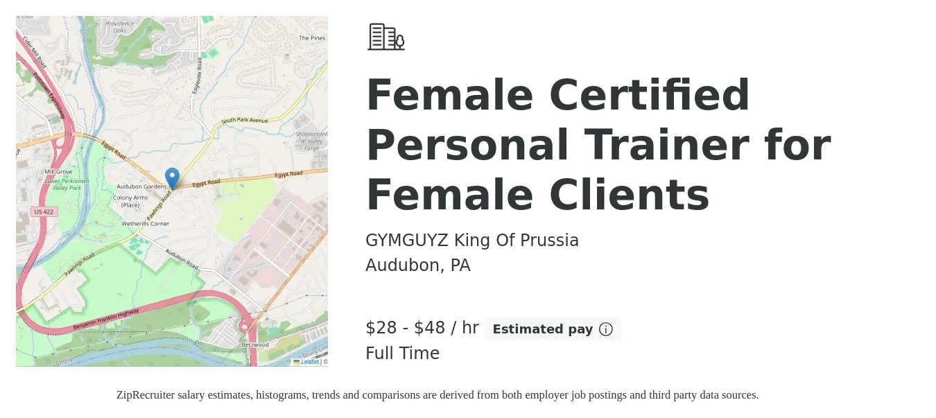 GYMGUYZ King Of Prussia job posting for a Female Certified Personal Trainer for Female Clients in Audubon, PA with a salary of $30 to $50 Hourly with a map of Audubon location.